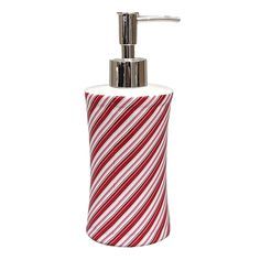 a red and white striped soap dispenser