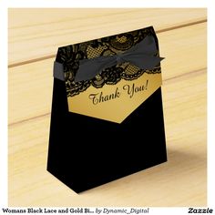 a black and gold thank you card with a bow on the front that says, woman's lace and gold by dynamic - digital