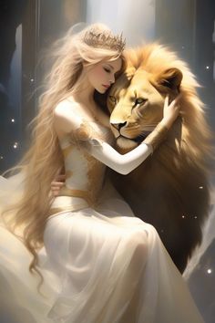 a woman in a white dress hugging a lion with her arms wrapped around her chest