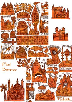 an orange and black drawing of different types of buildings