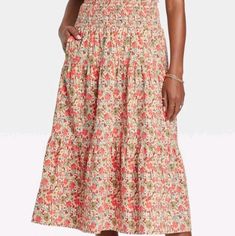 Please See Above For Description. Runs True To Size! Casual Pink Midi Length Bottoms, Pink Floral Print Skirt For Daywear, Casual Pink Skirt For Daywear, Mission Fits, Coral Skirt, Pink Midi Skirt, Midi Skirt Pattern, Tiered Midi Skirt, Cotton Midi Skirt