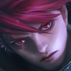 an anime character with red hair and glowing eyes looks into the camera, while wearing armor