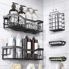 the shelves in the bathroom are organized with soap and lotion