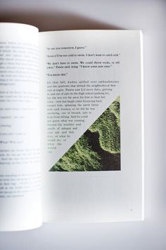 an open book with a photo of a mountain in the middle and text on it