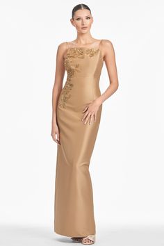 Embellished Pryce Gown - Chestnut Gold Satin Gown Designs, Mikado Fabric, Diwali Dresses, Body Details, Wedding Guest Style, Bridal Ball Gown, Bridal Separates, Sequin Outfit, Sleeveless Gown