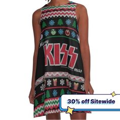 Loose-fit, mid-length sleeveless dress with silky handfeel. Printed on both sides. Machine washable. Size range XS-2XL. KISS ® the Band - Merry KissMas Ugly Sweater Merry Kissmas, Kiss Band, The Band, Dress For Sale, Ugly Sweater, Both Sides, Mid Length, Being Ugly, Dresses For Sale