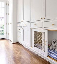 a dog is sitting in its bed under the cabinets