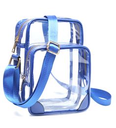 A clear crossbody with blue detail on it. Perfect for the upcoming sport seasons. Clear Crossbody Shoulder Bag With Detachable Strap, Clear Shoulder Bag With Clear Strap For Versatile Use, Clear Crossbody Bag With Adjustable Strap, Blue Shoulder Bag With Clear Strap For Daily Use, Casual Clear Shoulder Bag With Adjustable Strap, Functional Blue Crossbody Shoulder Bag, Sporty Blue Bag With Removable Pouch, Sporty Blue Shoulder Bag For Daily Use, Blue Sporty Bags For Travel