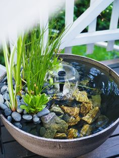 a bowl filled with rocks and plants on top of a wooden table