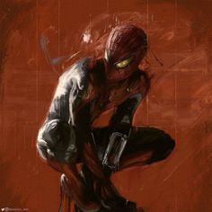 a painting of a spider man crouching down