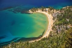 an aerial view of a beach and the surrounding area with pine trees in the foreground