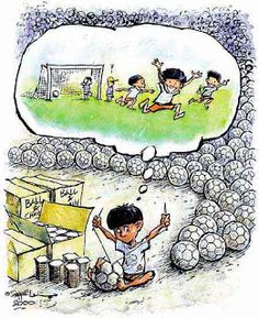 a child is sitting on the ground in front of a pile of balls with a thought bubble above it