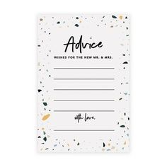 a note with the words advice written in black ink on white paper and confetti sprinkles