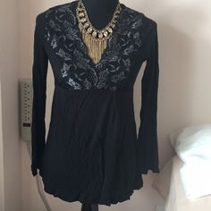 Black V-Neck Lace Detail Long Sleeve Shirt. Nwot 100% Nylon Black V-neck Top For Night Out, Long Sleeve V-neck Top For Fall Party, Fall Party Long Sleeve V-neck Top, Long Sleeve V-neck Top For Night Out In Fall, Long Sleeve V-neck Top For Fall Night Out, Casual Black V-neck Top For Fall, Black V-neck Top For Fall, Elegant Black V-neck Top For Fall, Chic Black Stretch V-neck Top