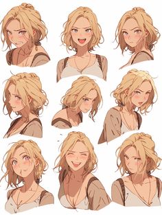 a woman's face with many different expressions and hair styles, including blondes