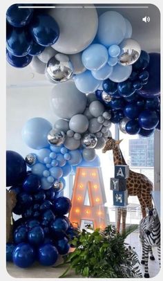 a giraffe and zebra are standing under balloons