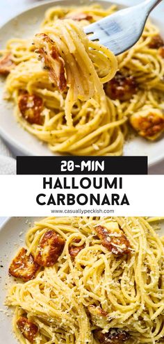 Close up of a plate of pasta with captions Haloumi Recipes, Creamy Carbonara, Halloumi Cheese, Simple Family Meals, Favorite Recipes Dinner, Cozy Dinner, Spaghetti Carbonara, Vegetarian Recipes Dinner, Vegetarian Dinner