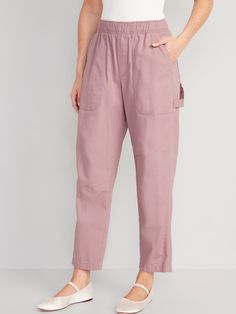 elastic waist faux fly front utility pockets back patch pockets hammer loop #745290 sits at belly button relaxed hip and thigh tapers at ankle regular inseam: 28" petite inseam: 26" tall inseam: 32" models wear sizes S (size 4), L (size 12), and XL ( Relaxed Fit Straight Leg Cargo Pants With Elastic Waistband, Versatile Bottoms With Side Pockets For Casual Wear, Versatile Bottoms With Side Pockets For Elevated Casual, Spring Utility Bottoms For Elevated Casual, Spring Cargo Pants With Elastic Waistband And Straight Leg, Utility Straight Leg Pull-on Pants, High-waisted Relaxed Fit Cargo Pants With Patch Pockets, High Waist Pull-on Pants For Elevated Casual, Elevated Casual Bottoms With Elastic Waistband For Fall