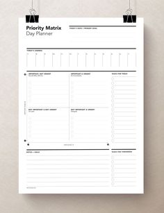 This Task Priority Matrix / Eisenhower Matrix is perfect to get you organized. The daily Eisenhower Matrix, which is also known as the Urgent-Important Matrix, helps you prioritize your tasks based upon their urgency and importance. It also allows you to identify tasks that you should either delegate or leave undone.  This type of chart is ★ PERFECT ★ for organizing activities/tasks. This planner sheet includes a DAILY AGENDA on the top, and plenty of space for NOTES   IDEAS on the bottom Bullet Journal Calendrier, Action Planner, It Service Management, Eisenhower Matrix, Daily Agenda, Notes Ideas, Project Management Tools