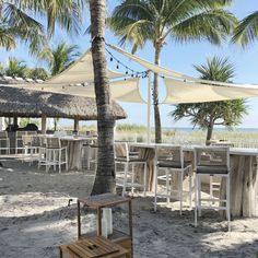 tables and chairs are set up under umbrellas on the beach with palm trees in the background