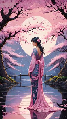 a painting of a woman in a pink kimono standing on a river with cherry blossom trees