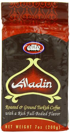 the bag of coffee is red and black with gold trimmings, which reads aldin