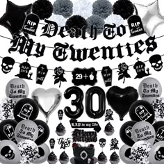 black and white party decorations with skulls, hearts, and balloons for a 30th birthday