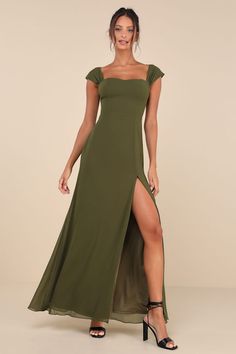 Magical Magnetism Olive Green Off-the-Shoulder Maxi Dress Moss Green Bridesmaid Dress, Olive Green Dress Outfit, Olive Green Prom Dress, Green Formal Dress, Olive Green Bridesmaid Dresses, Green Dress Outfit, Forest Dress, Wedding Outfits For Women, Olive Green Dress