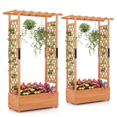 two wooden planters with plants growing in them