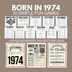 a poster with the words born in 1974 and some other things to be posted on it