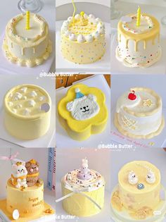 there are many different types of cakes on the table with white frosting and yellow icing