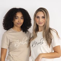 Bride & Babe Shirts - Semi-Fitted Semi-fitted bride & babe shirts make perfect gifts for the bride-to-be, bridesmaids, or even friends! Every bridal squad will love wearing these matching shirts for pictures! Each soft cotton jersey shirt has a crew neck with short sleeves and comes with the text style of your choice. NO RETURNS OR EXCHANGES ON SHIRTS/CLOTHING ITEMS. Size/Color Chart Sizing: Shirts are a women’s semi-fited style (if you want to tie a knot order a size up) Material: Natural: 100%