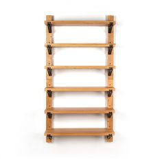 a wooden shelf with four shelves on each side