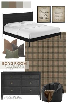 a bedroom with plaid walls and furniture