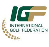 the international golf federation logo is shown in green and brown colors on a white background