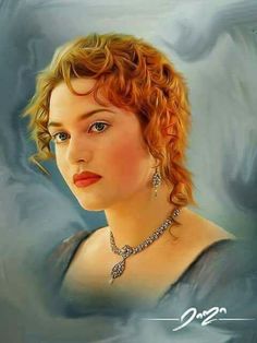 a painting of a woman with red hair and blue eyes wearing a necklace in the clouds