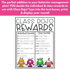 the reward card for class dojo reward cards is shown in pink and green colors