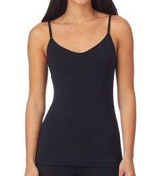 It's time to hit the town in this cute V-neck camisole. Perfect for layering under your favorite top! Made of modal and spandex. Camisole has V-neckline. Modal-blend knit adds an extra element of comfort and softness. Stretch knit moves with you. Cuddl Duds logo floats above lower left hem. Self-lined hem. Narrow, exposed elastic straps fully adjust with matte, coated metal hardware. Great for layering, especially in cold weather. Tagless. Pullover styling. Fitted. Cuddl Duds Women's Softwear wi Seamless V-neck Top For Summer, Fitted V-neck Camisole With Adjustable Straps, Spaghetti Strap Tank Top With Built-in Bra For Loungewear, Modal Tops With Built-in Bra For Loungewear, Camisole With Built-in Bra For Loungewear, Seamless V-neck Summer Tops, Solid Color Cami Tank Top For Loungewear, Modal Scoop Neck Top With Built-in Bra, Modal Tops With Built-in Bra And Scoop Neck