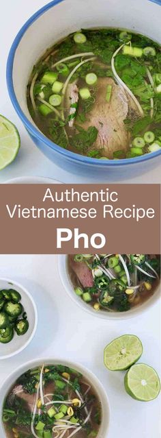 vietnamese pho soup in a bowl with limes on the side