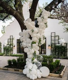 white balloons are hanging from a tree in front of a house