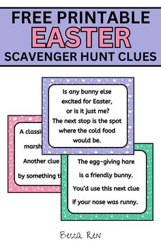 Easter hunts are always a hit with kids. These Easter clues are a great way to mix up your normal Easter egg hunt. They are pretty straightforward that even your toddlers and preschoolers can partake in this fun Easter scavenger hunt!