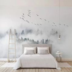 Papier Peint Jungle Canopée Nuageuse Déco-exotique.fr Bird Wallpaper Bedroom, Nordic Wall Decor, Forest Wall Mural, Dekorasi Kamar Tidur, Wall Window, Cloud Wallpaper, Nordic Wall, Bird Wallpaper