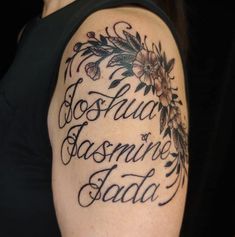 a woman with a tattoo on her arm that says, joshua and sasma tada