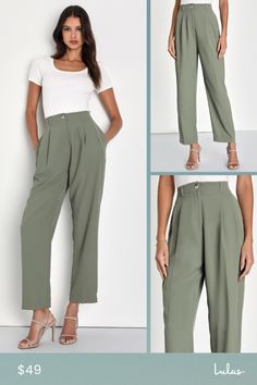 Leave everyone in awe of your posh presence in the Lulus Sophisticated Company Sage Green Straight Leg Trouser Pants! These chic pants keep things classy with their flat woven composition and high-waisted fit, complete with belt loops, a tortoise top button-closure, and a hidden zip fly. The straight pant legs feature light pleating, side seam pockets, and decorative welt pockets at back before ending at tailored, ankle-length hems. Elastic at back for fit. Fit: This garment fits true to size. L Elegant Green Wide Leg Pants With Pockets, Elegant Green Bottoms With Welt Pockets, Chic Green Dress Pants For Office, Elegant Green Office Bottoms, Elegant Green Wide Leg Office Pants, Elegant Green Wide Leg Pants For Office, Elegant Green Bottoms With Belt Loops, Elegant Green Dress Pants For Workwear, Elegant Green Wide Leg Business Casual Pants