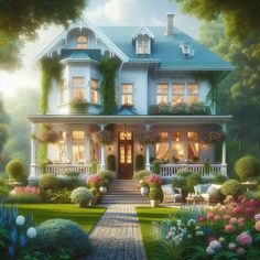 a painting of a large house with lots of flowers in the front yard and steps leading up to it