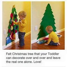 two photos of a child decorating a christmas tree on the facebook page, and then sharing it with friends