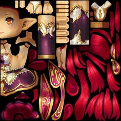 an anime character with red hair and gold accents, surrounded by other art work items