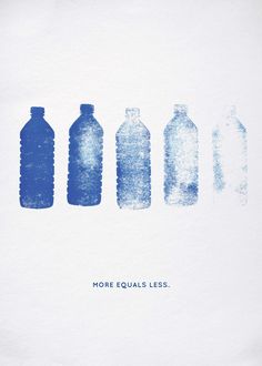 four water bottles with the words more equal less written in blue ink on white paper