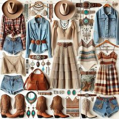 Discover modern cowgirl style with this trendy clothing collage! From fringed denim jackets and classic cowboy boots to wide-brim hats, boho skirts, and turquoise jewelry, this board blends traditional Western elements with fresh, fashionable updates. Perfect for anyone who loves rustic charm, bold Western vibes, and chic cowgirl outfits. Whether you're looking for inspiration for festivals, casual outings, or adding a country twist to your wardrobe, this pin has you covered. Pin now for cowgirl fashion inspiration! Women Western Wear Outfits, Cowgirl Capsule Wardrobe, Cowgirl Skirt Outfits, Denim Color Scheme, Western Style Outfits Cowgirl Chic, Boho Cowgirl Style Western Chic, Chic Cowgirl Outfits, Denim Cowgirl Outfit, Hippie Cowgirl Style