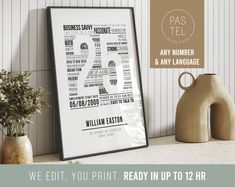 a poster on a shelf next to vases and a potted plant with the words, we editt, you print ready in up to 12 / 12 hour